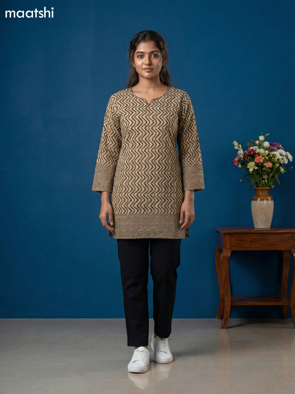 Beige and Brown Cotton Printed & Simple Embroidery Work Short Kurti