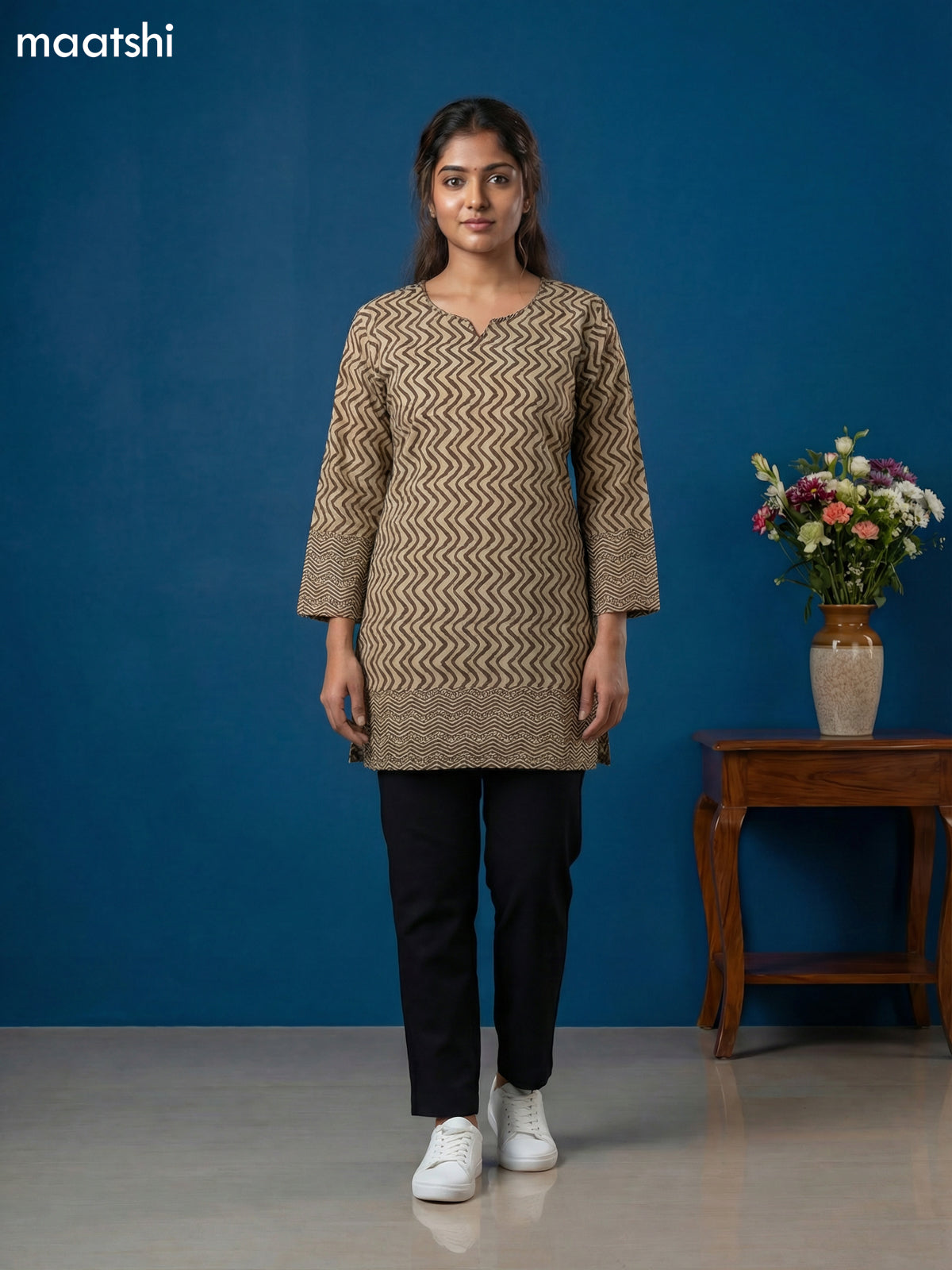 Beige and Brown Cotton Printed & Simple Embroidery Work Short Kurti