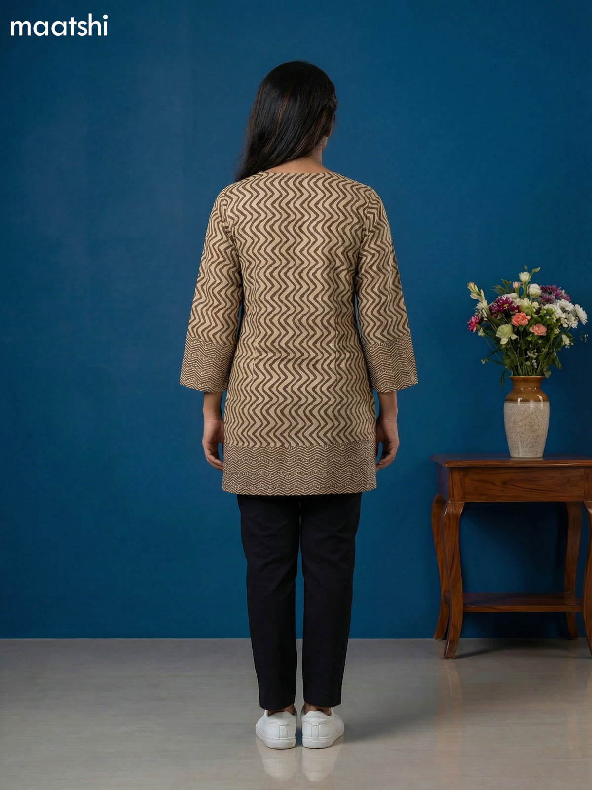 Beige and Brown Cotton Printed & Simple Embroidery Work Short Kurti