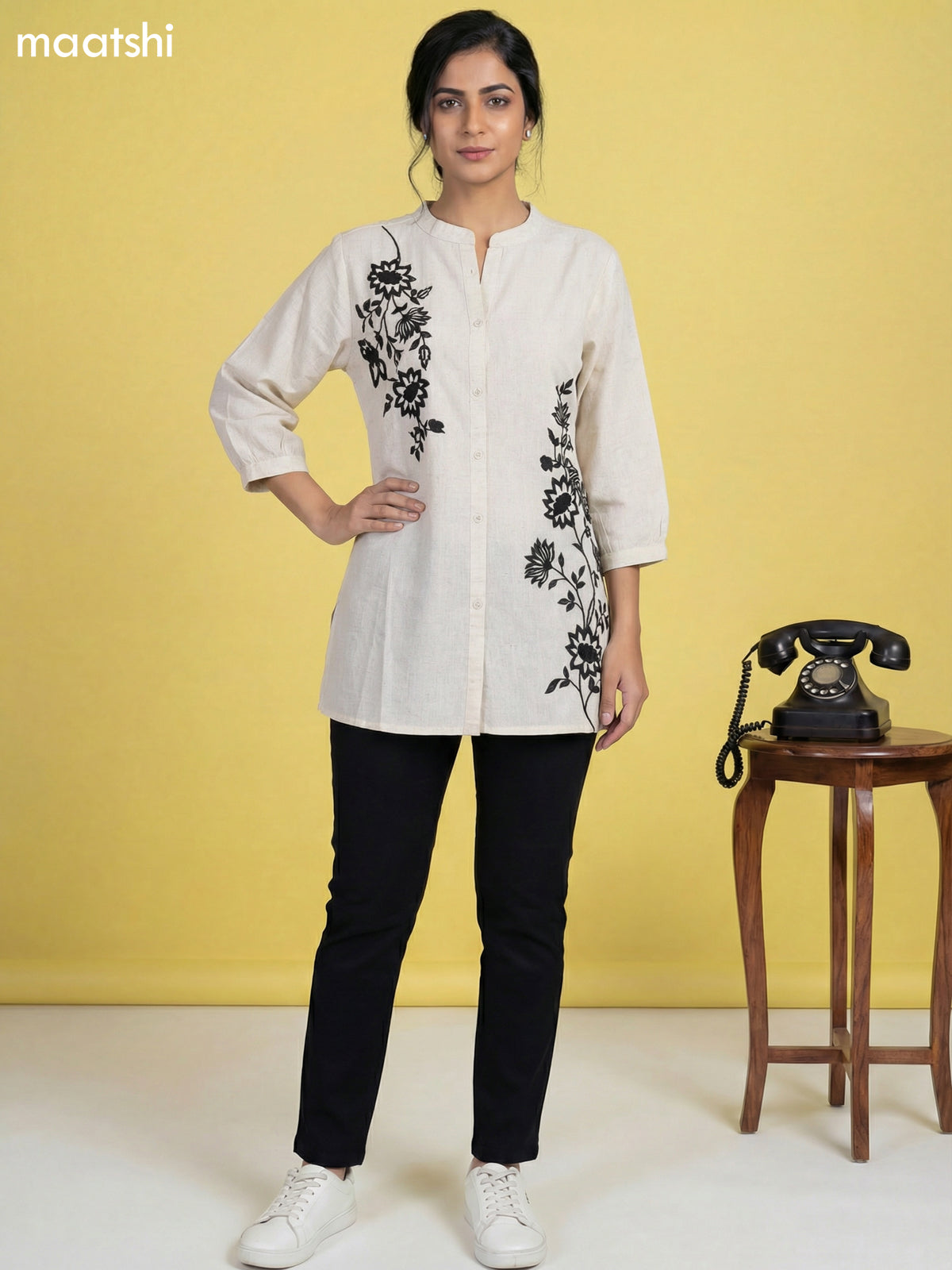 Beige Cotton Floral Embroidery Work Short Kurti