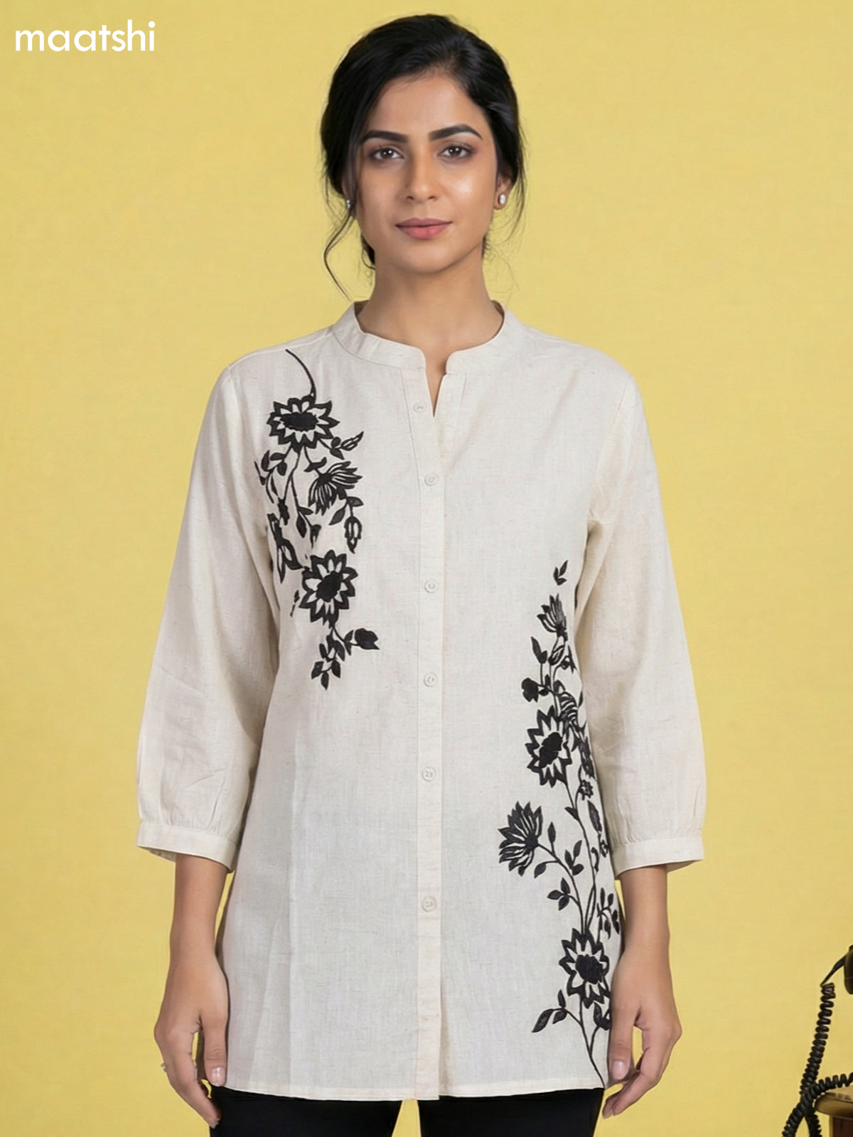 Beige Cotton Floral Embroidery Work Short Kurti