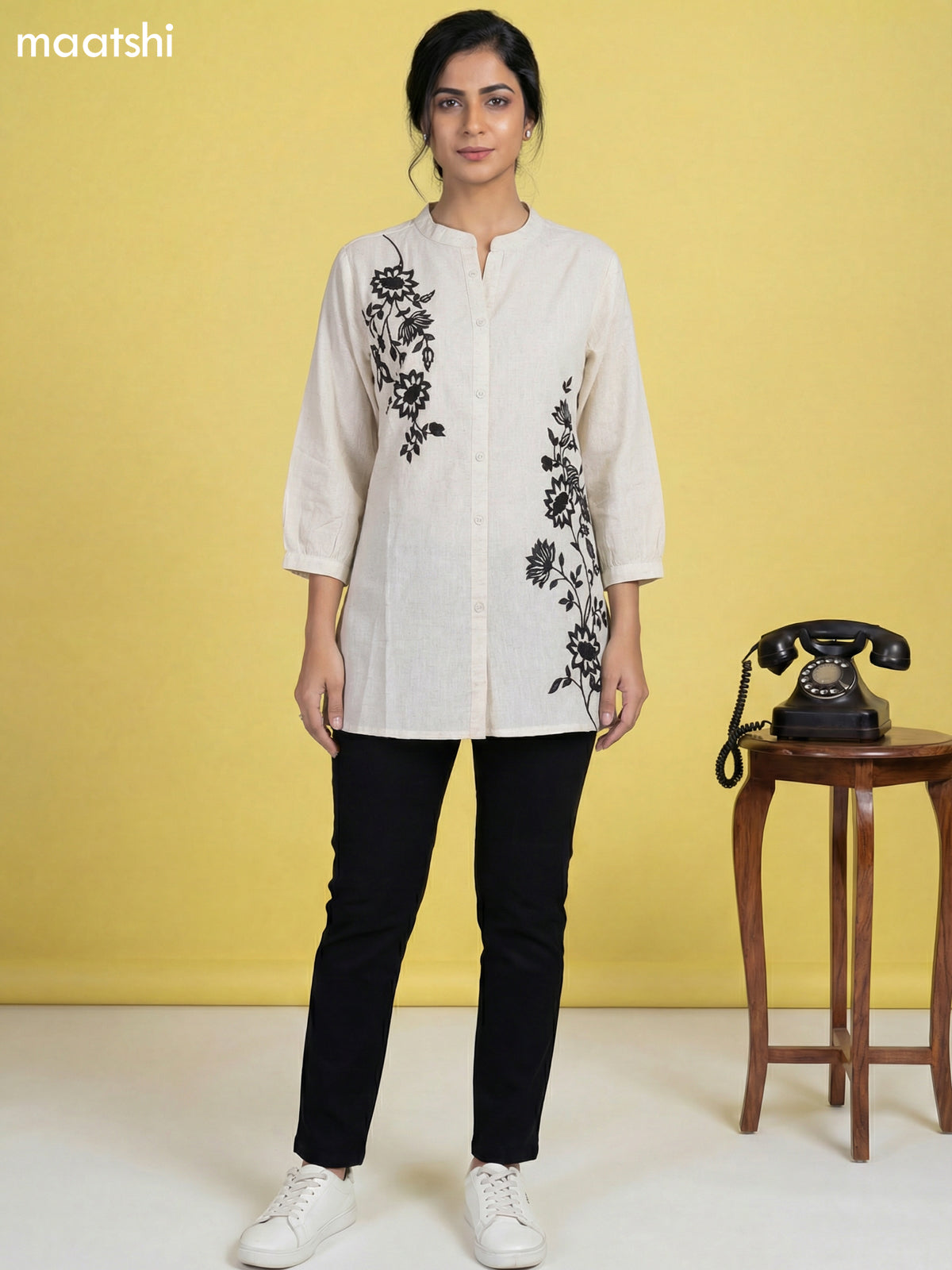 Beige Cotton Floral Embroidery Work Short Kurti