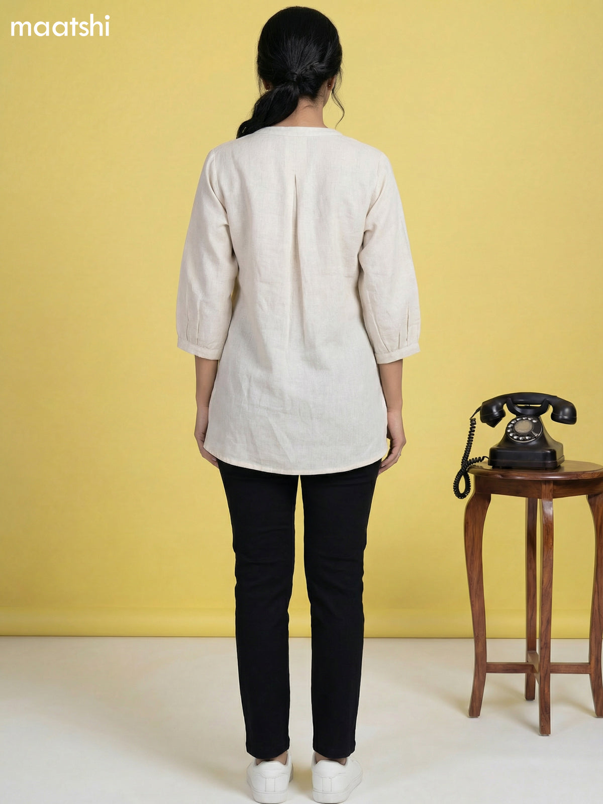 Beige Cotton Floral Embroidery Work Short Kurti