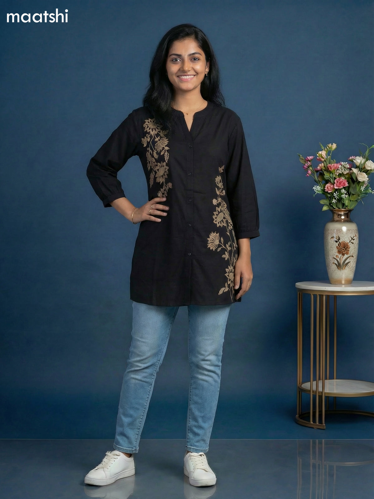 Black Cotton Floral Embroidery Work Short Kurti