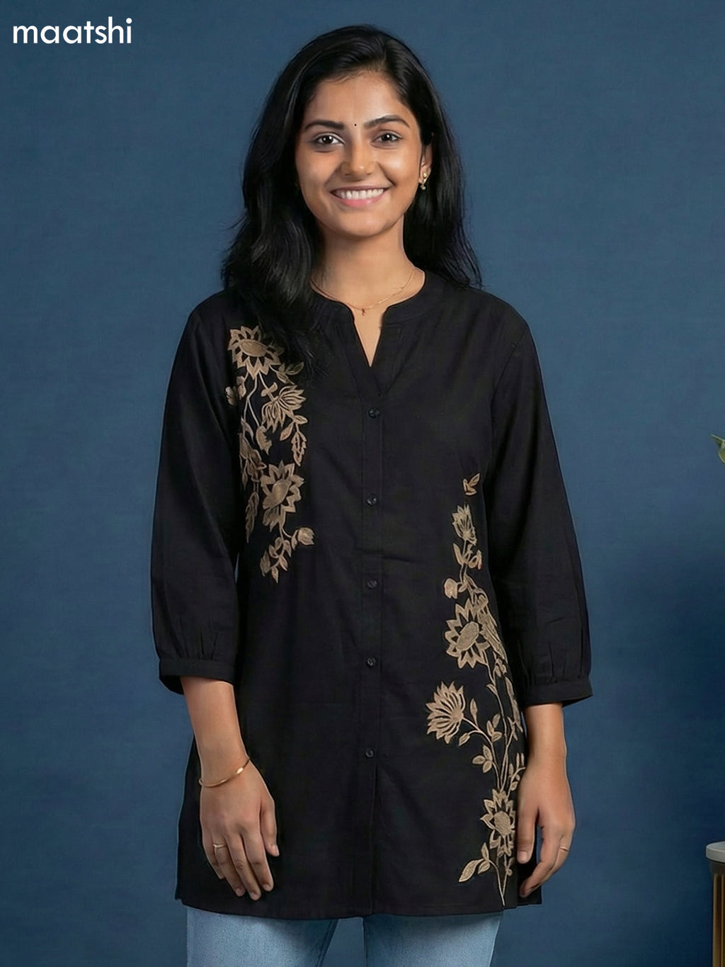 Black Cotton Floral Embroidery Work Short Kurti