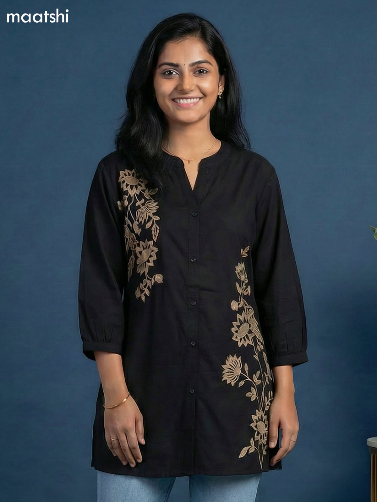 Black Cotton Floral Embroidery Work Short Kurti