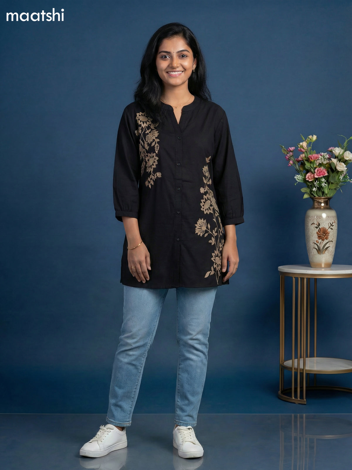 Black Cotton Floral Embroidery Work Short Kurti