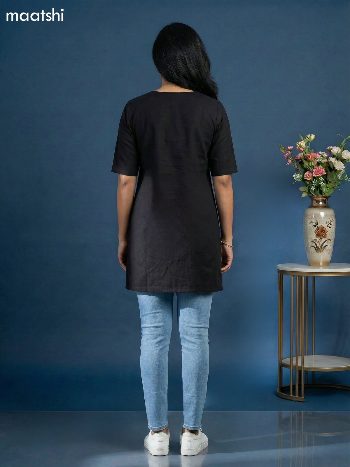 Black Cotton Floral Embroidery Work Short Kurti