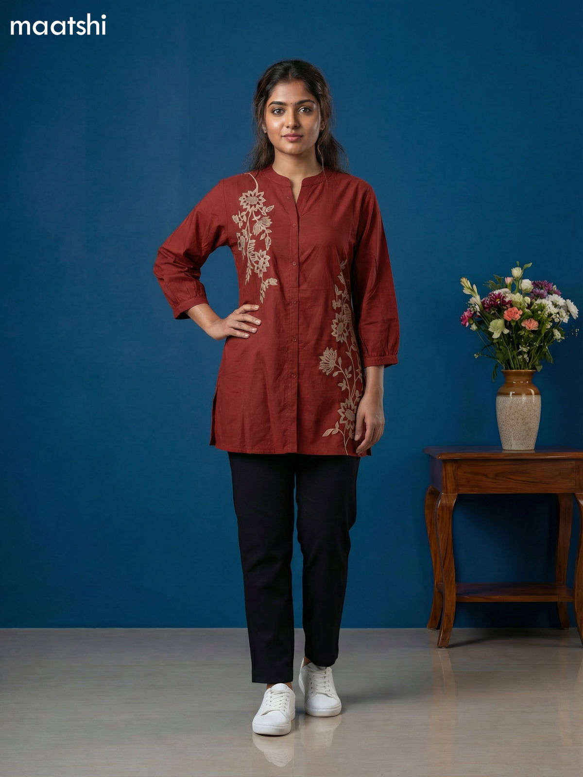 Maroon Cotton Floral Embroidery Work Short Kurti