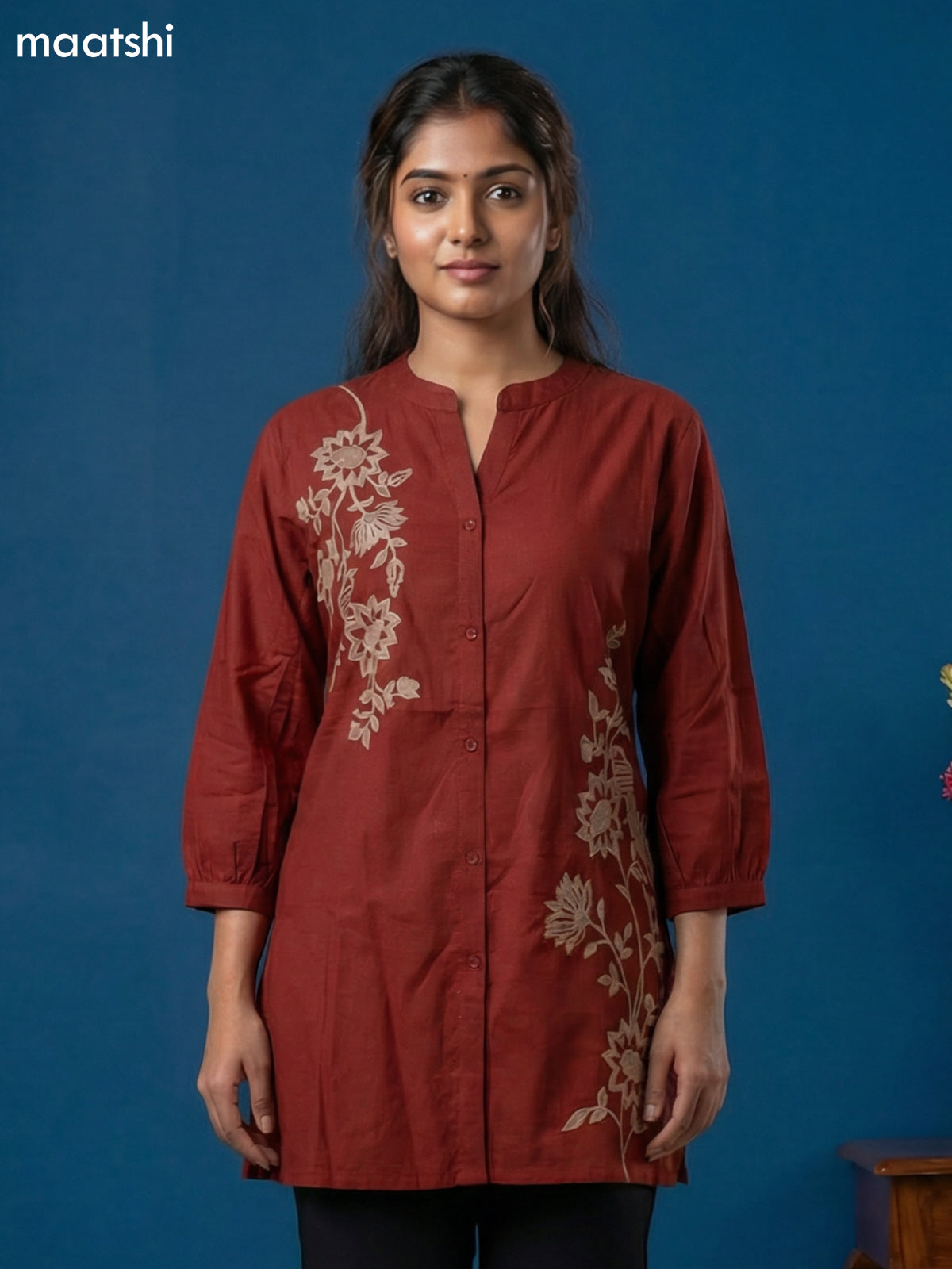 Maroon Cotton Floral Embroidery Work Short Kurti
