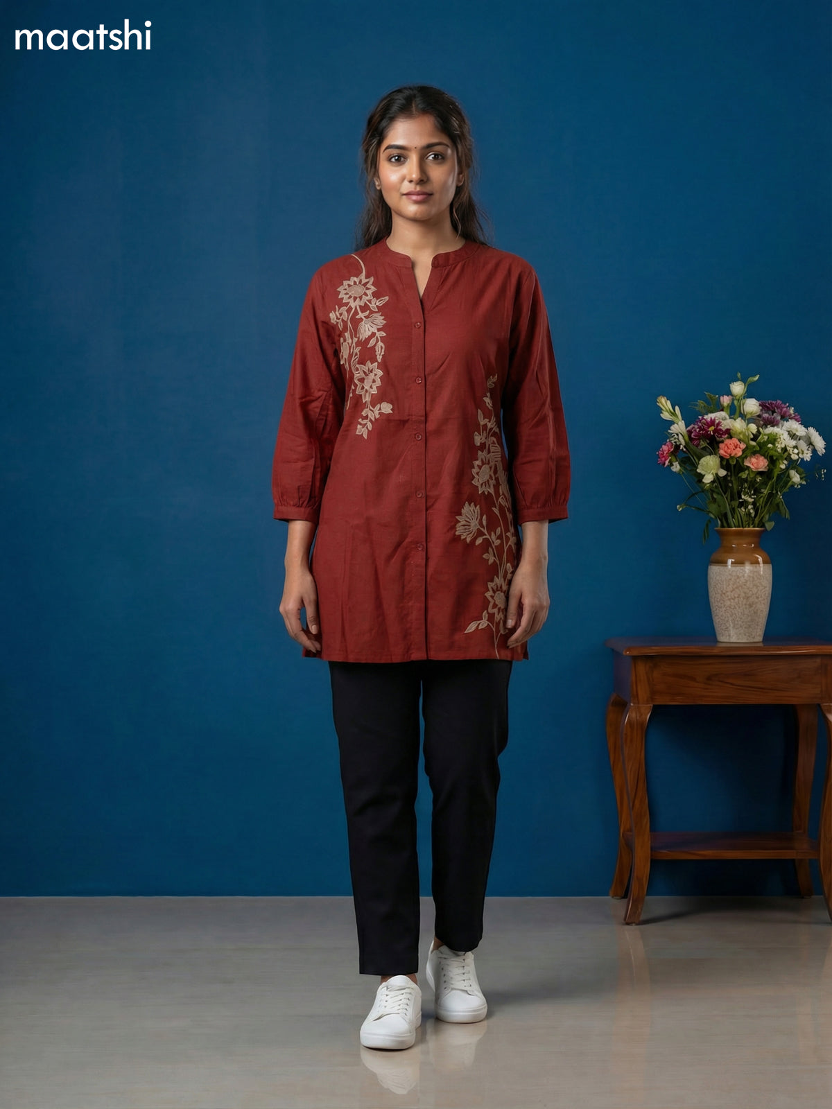 Maroon Cotton Floral Embroidery Work Short Kurti