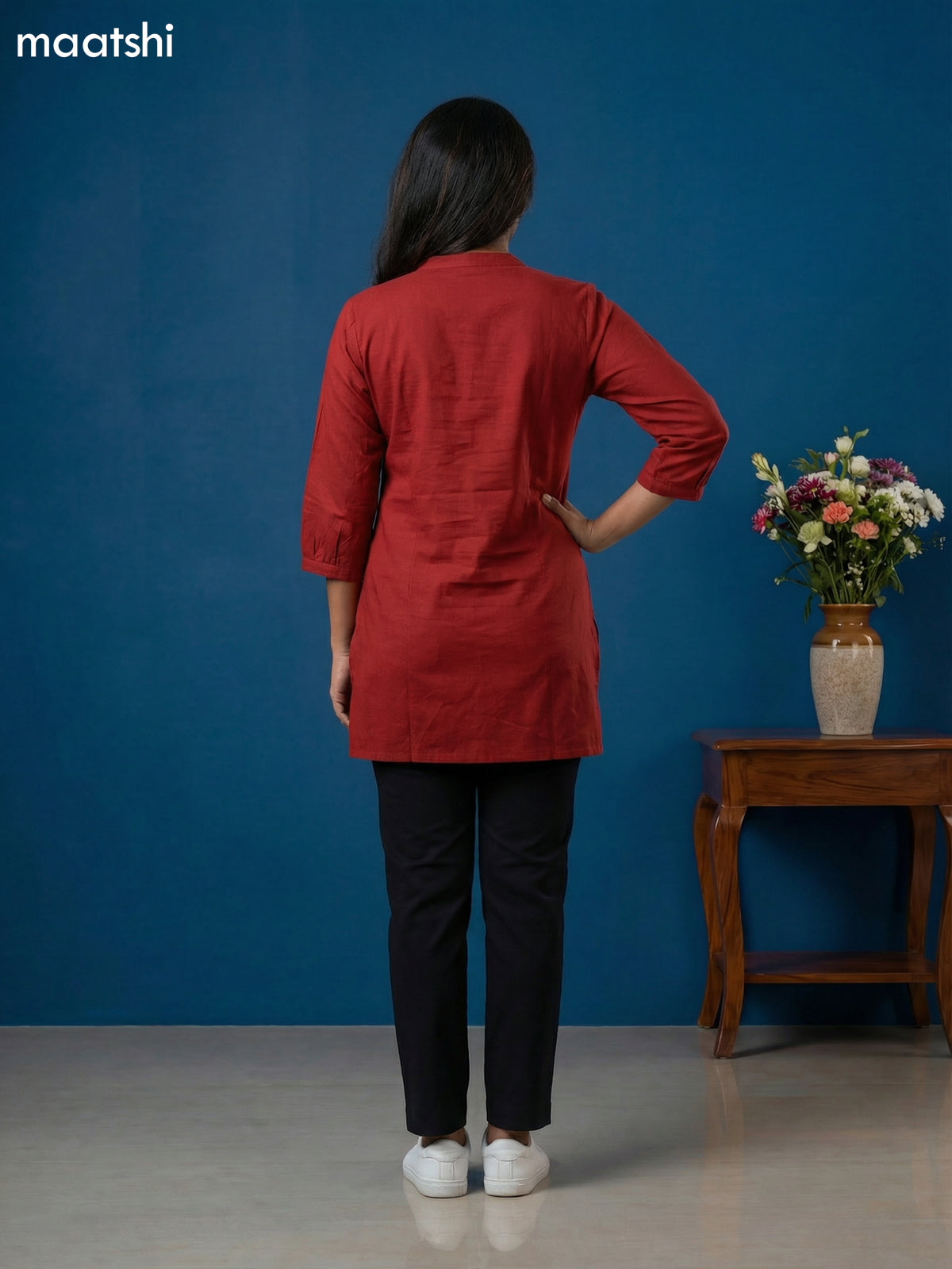 Maroon Cotton Floral Embroidery Work Short Kurti