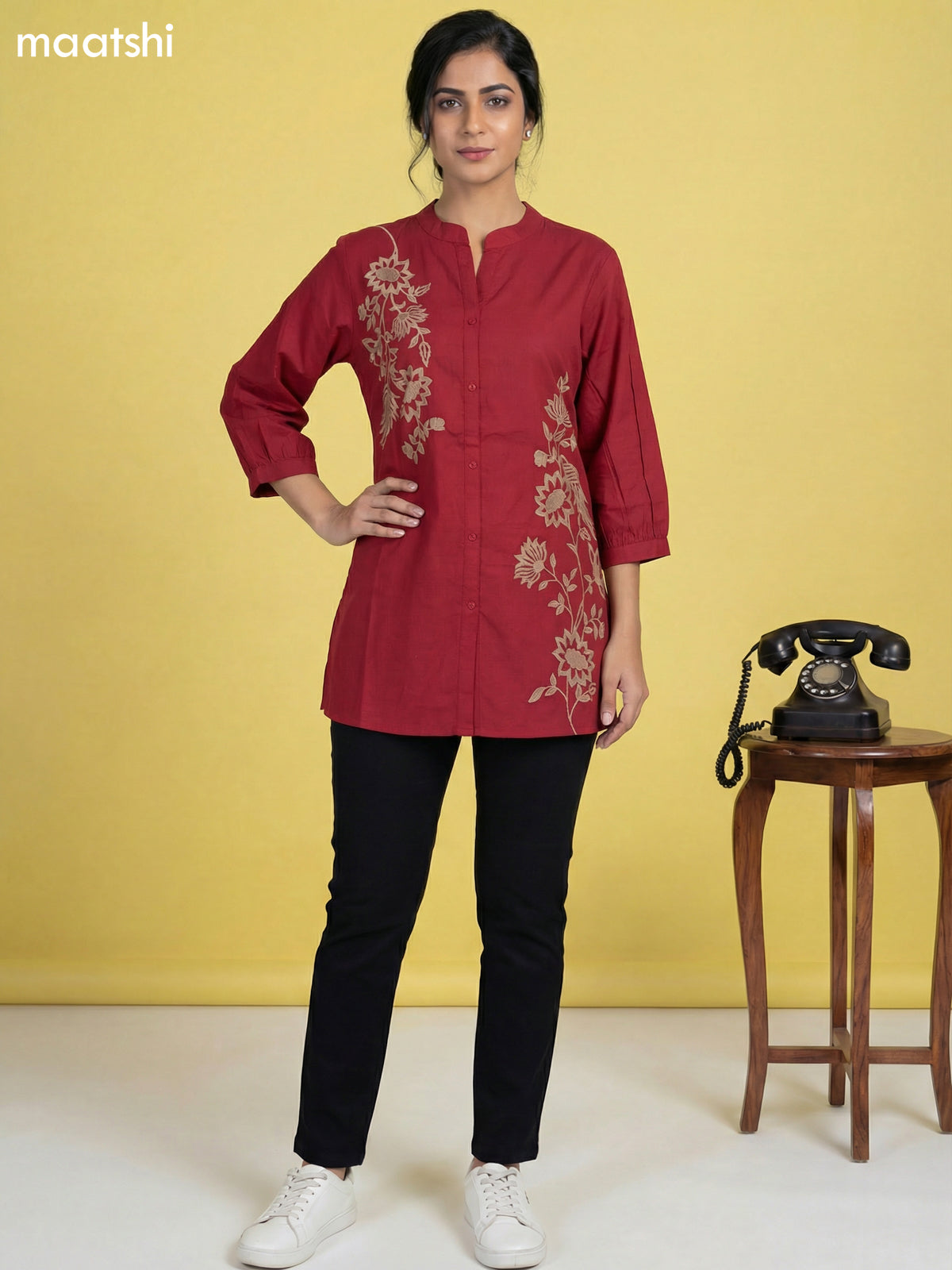 Pink Cotton Floral Embroidery Work Short Kurti