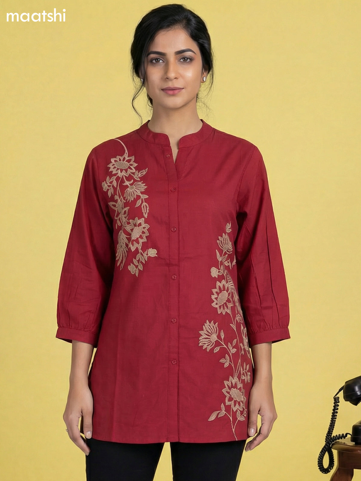 Pink Cotton Floral Embroidery Work Short Kurti