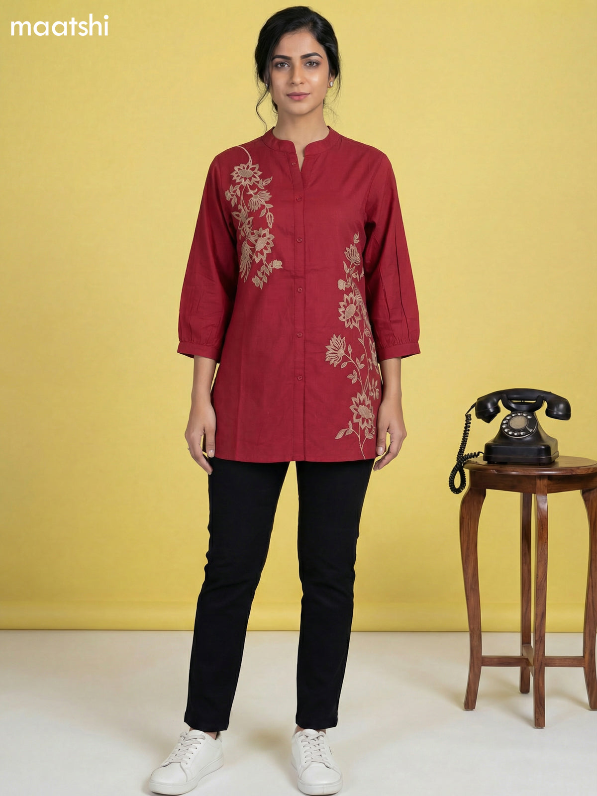 Pink Cotton Floral Embroidery Work Short Kurti