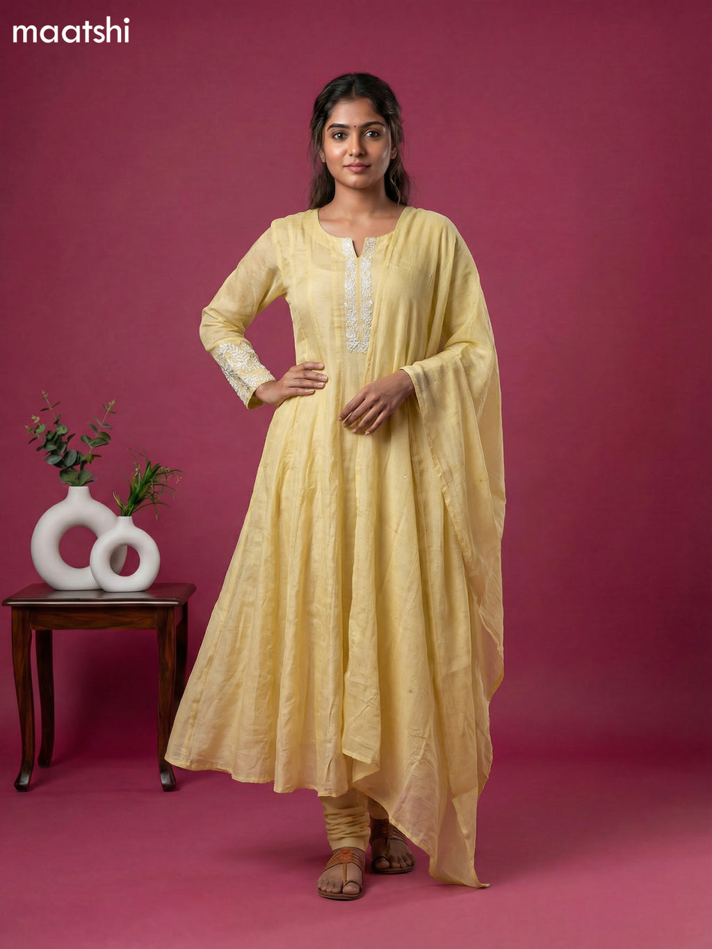 Pale Yellow Chinnon Silk With Embroidery Work Anarkali Suit