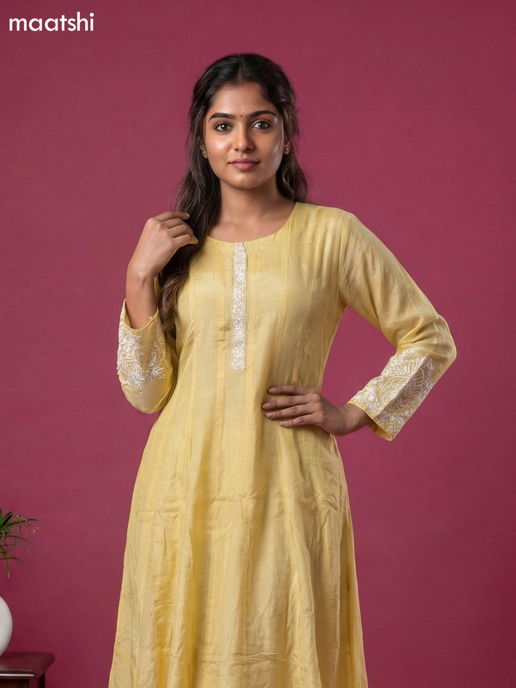 Pale Yellow Chinnon Silk With Embroidery Work Anarkali Suit