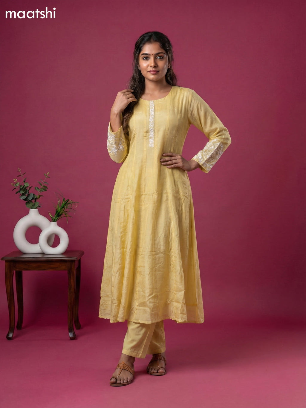 Pale Yellow Chinnon Silk With Embroidery Work Anarkali Suit