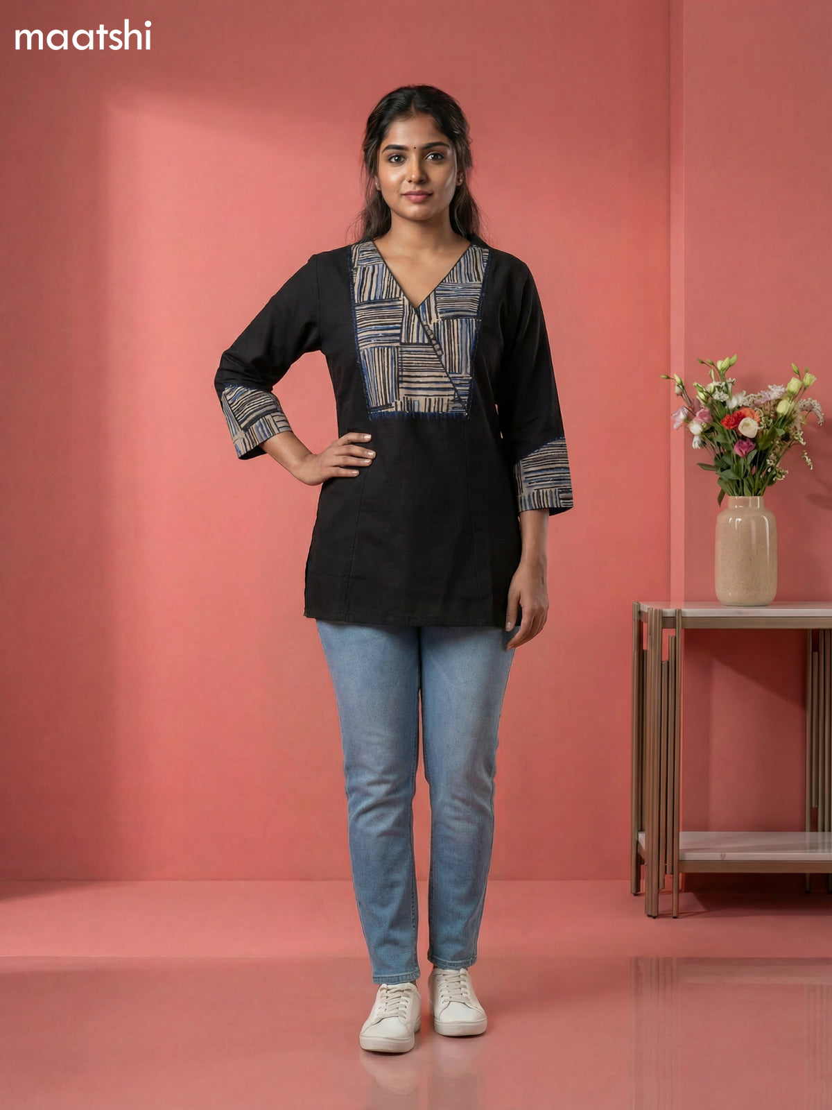 Black Cotton Simple Embroidery Work Short Kurti