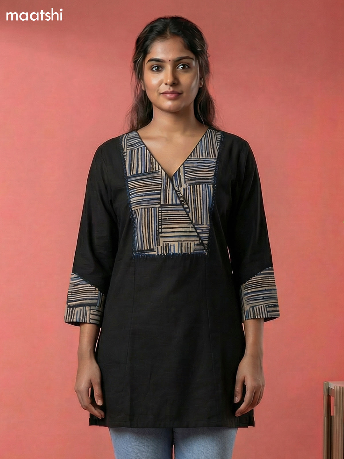 Black Cotton Simple Embroidery Work Short Kurti