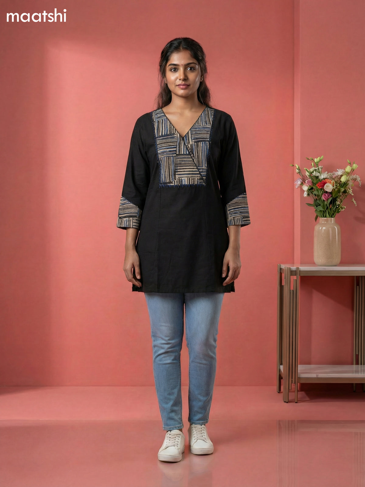 Black Cotton Simple Embroidery Work Short Kurti