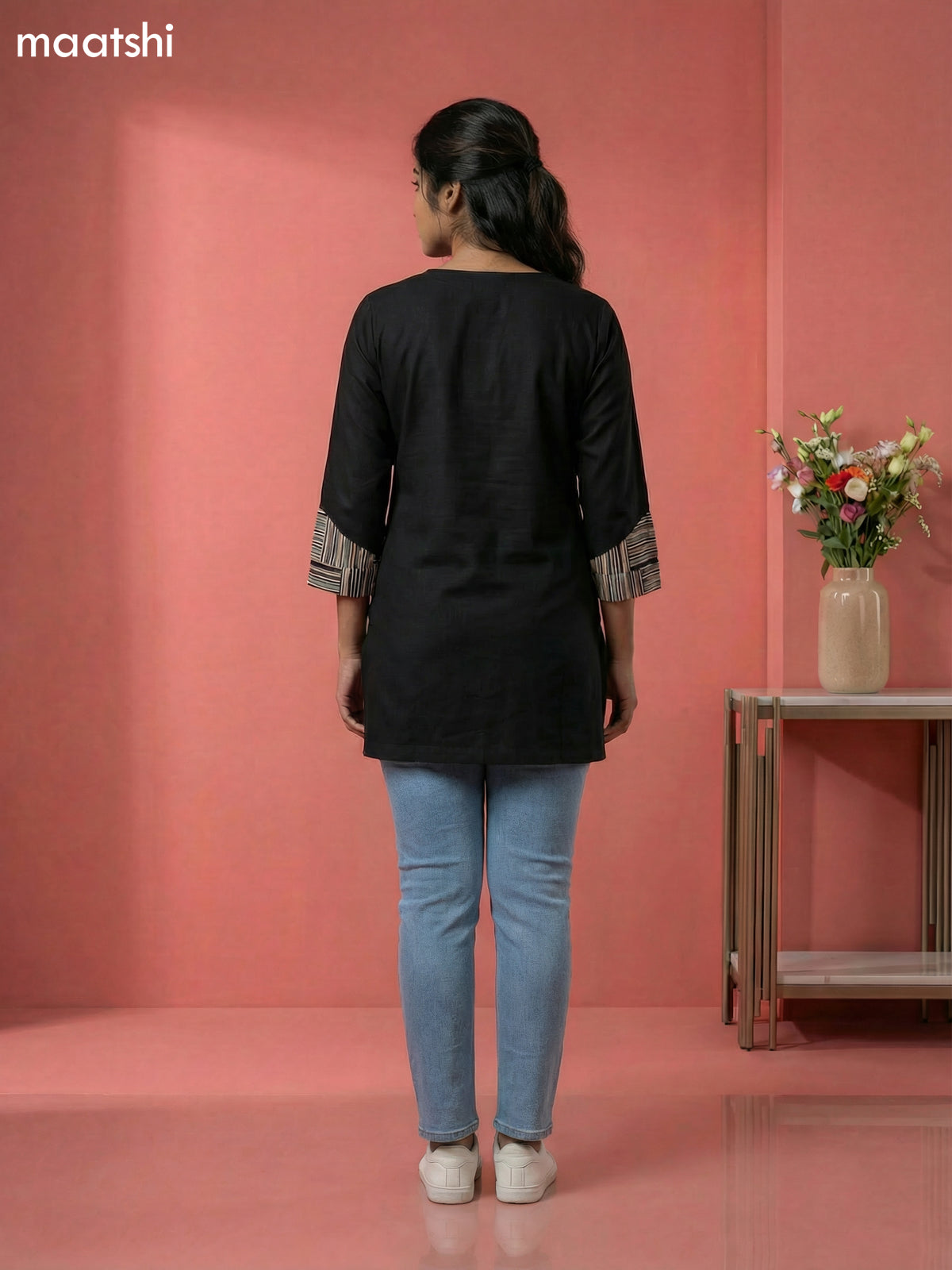 Black Cotton Simple Embroidery Work Short Kurti