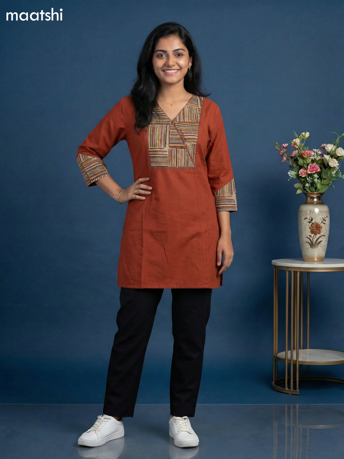 Dark Rust Cotton Simple Embroidery Work Short Kurti