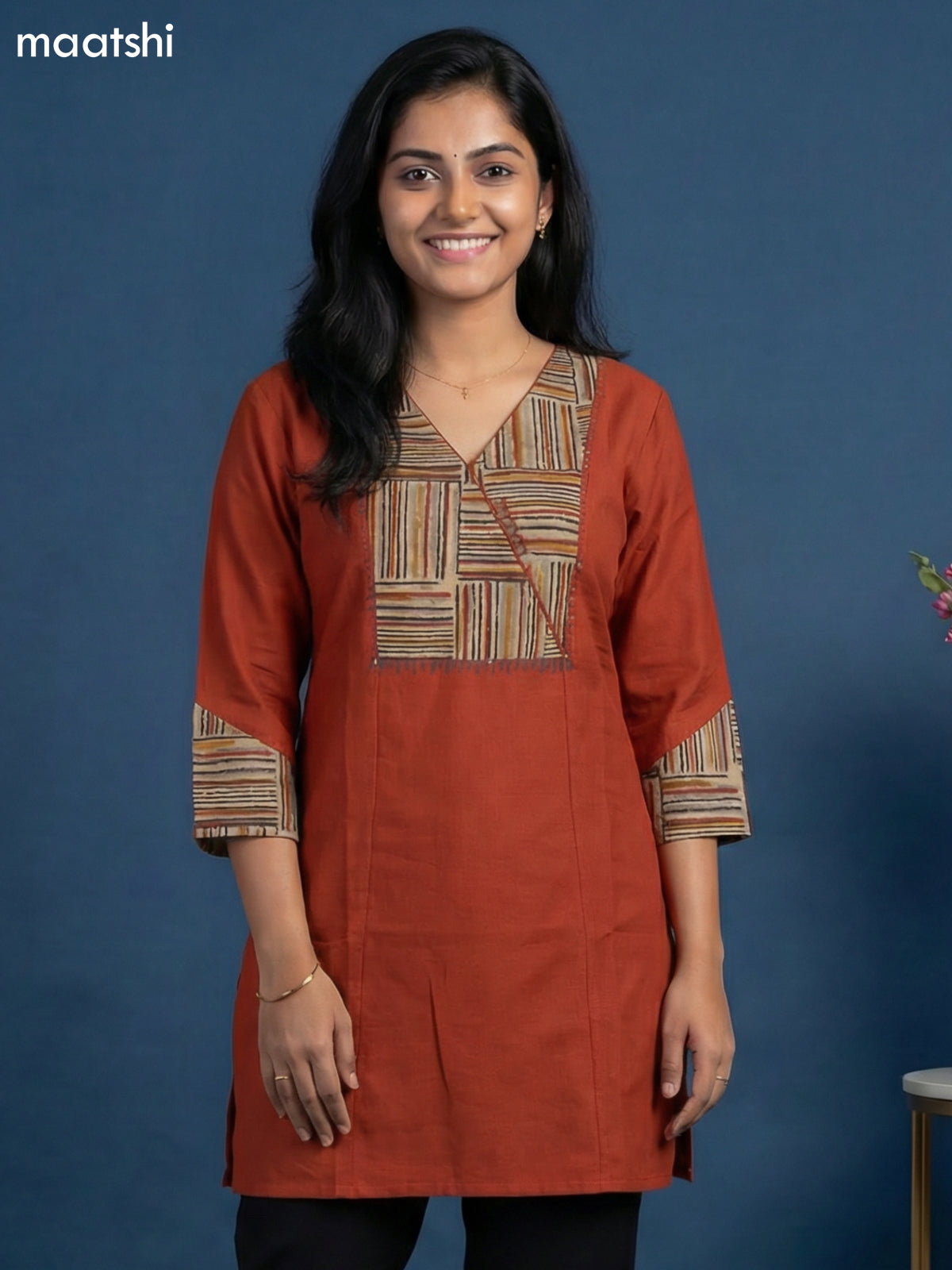 Dark Rust Cotton Simple Embroidery Work Short Kurti