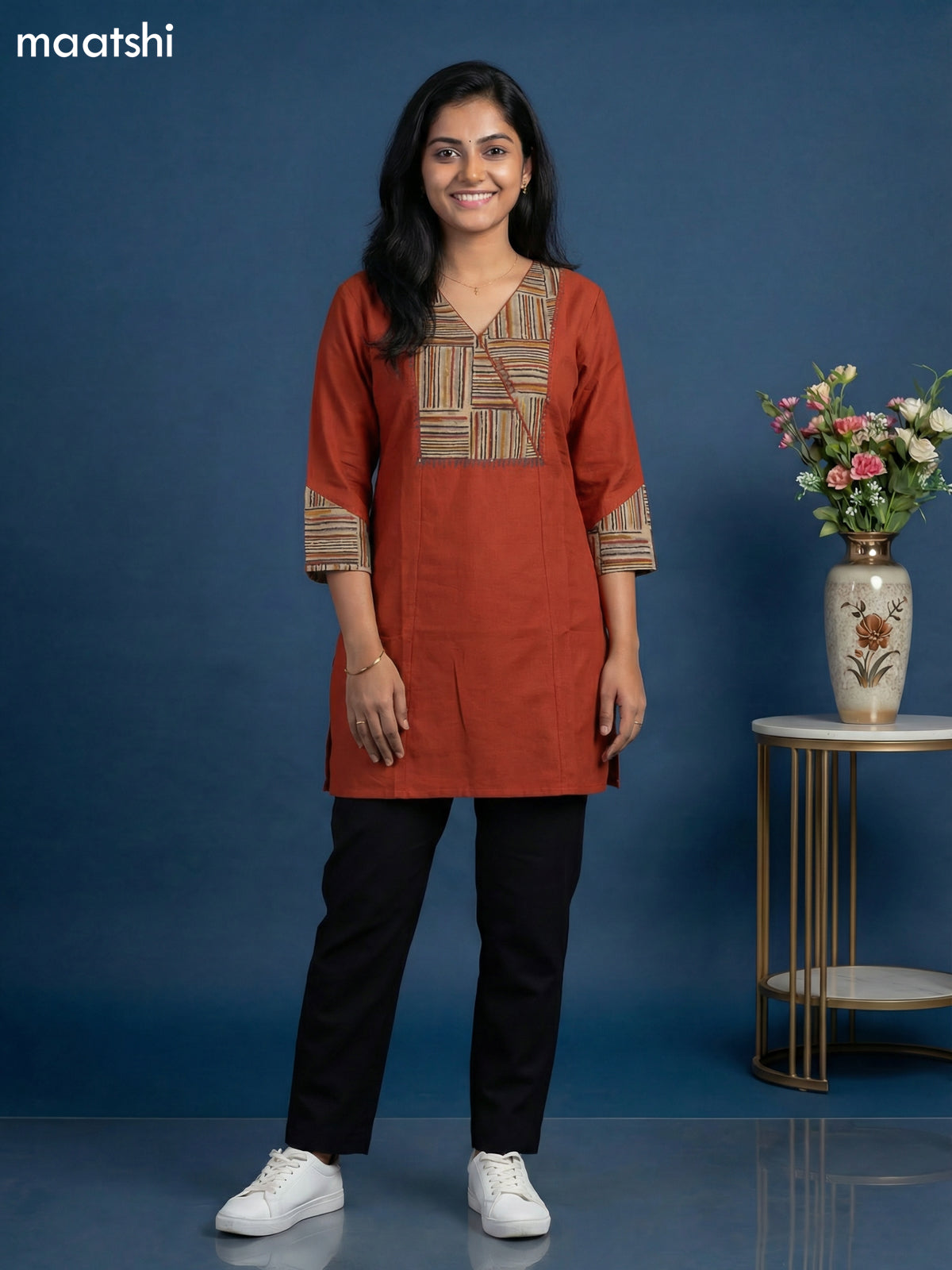 Dark Rust Cotton Simple Embroidery Work Short Kurti