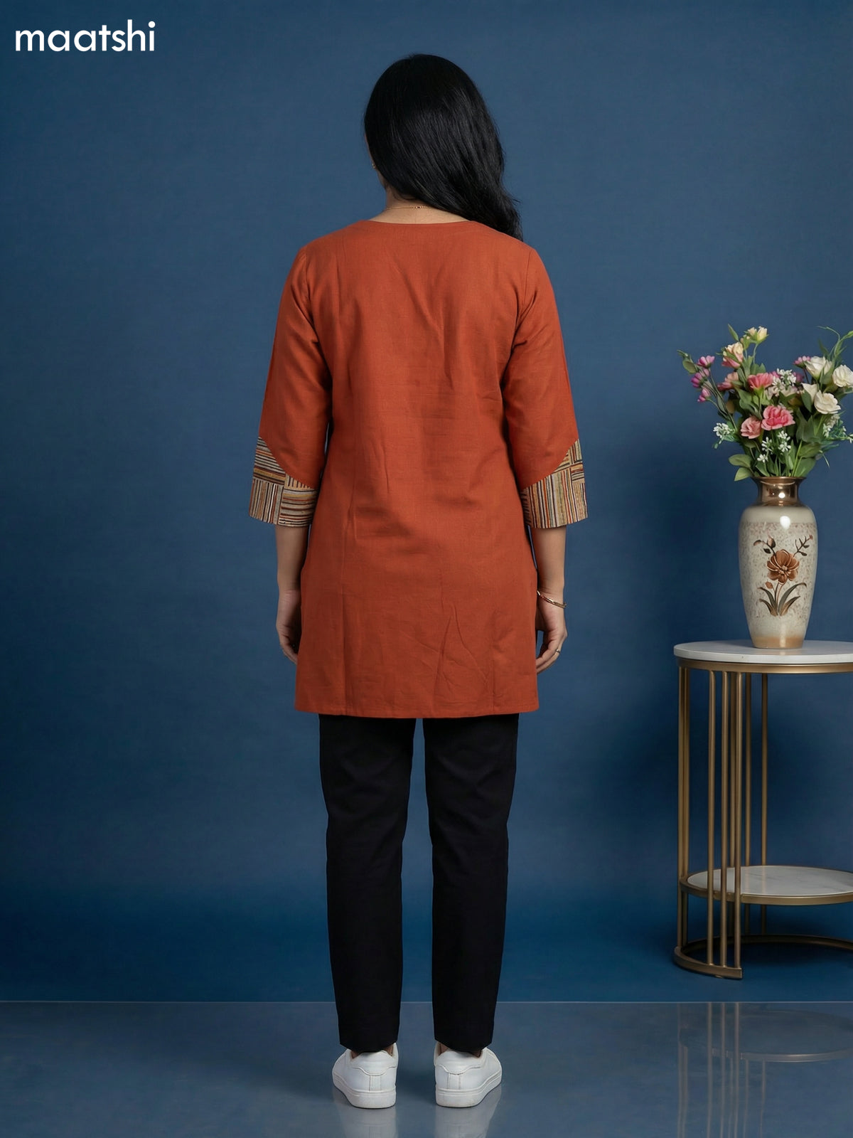 Dark Rust Cotton Simple Embroidery Work Short Kurti