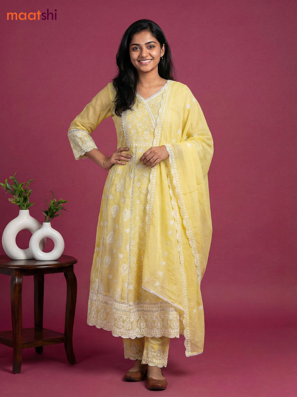 Pale Yellow Cotton Chickencurry Embroidery Work Anarkali Suit