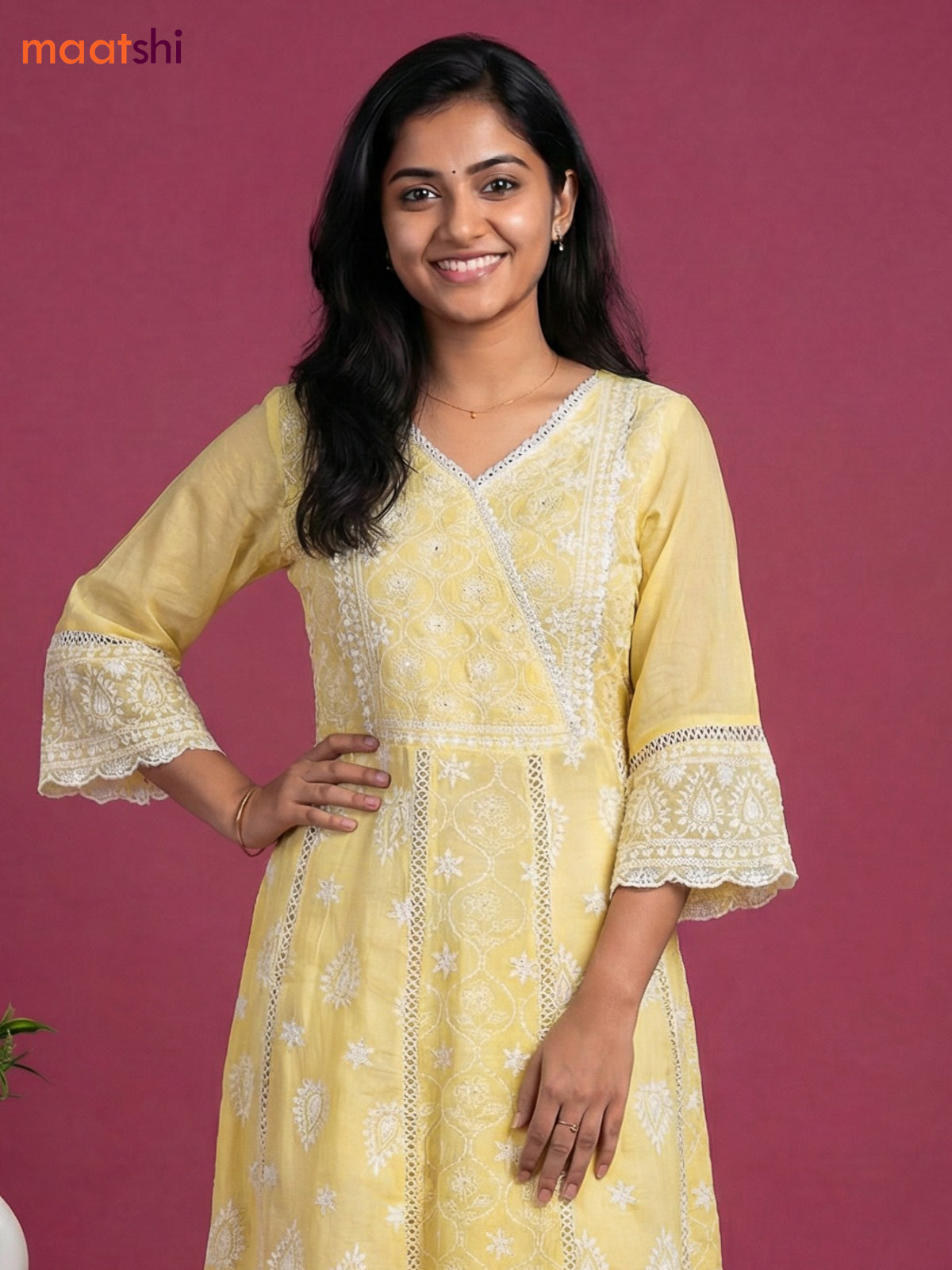 Pale Yellow Cotton Chickencurry Embroidery Work Anarkali Suit