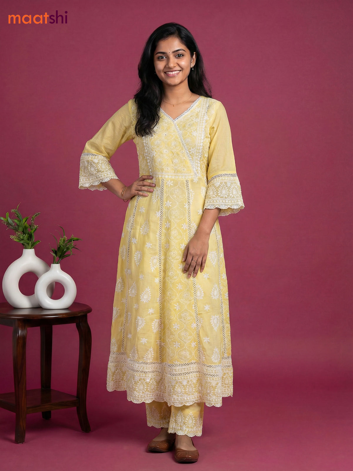 Pale Yellow Cotton Chickencurry Embroidery Work Anarkali Suit