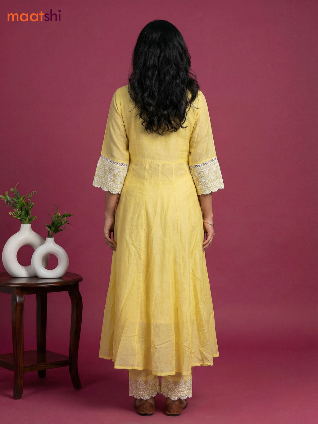 Pale Yellow Cotton Chickencurry Embroidery Work Anarkali Suit