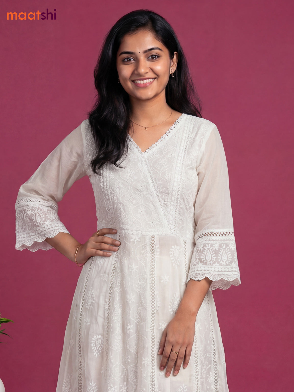 Off White Cotton Chickencurry Embroidery Work Anarkali Suit