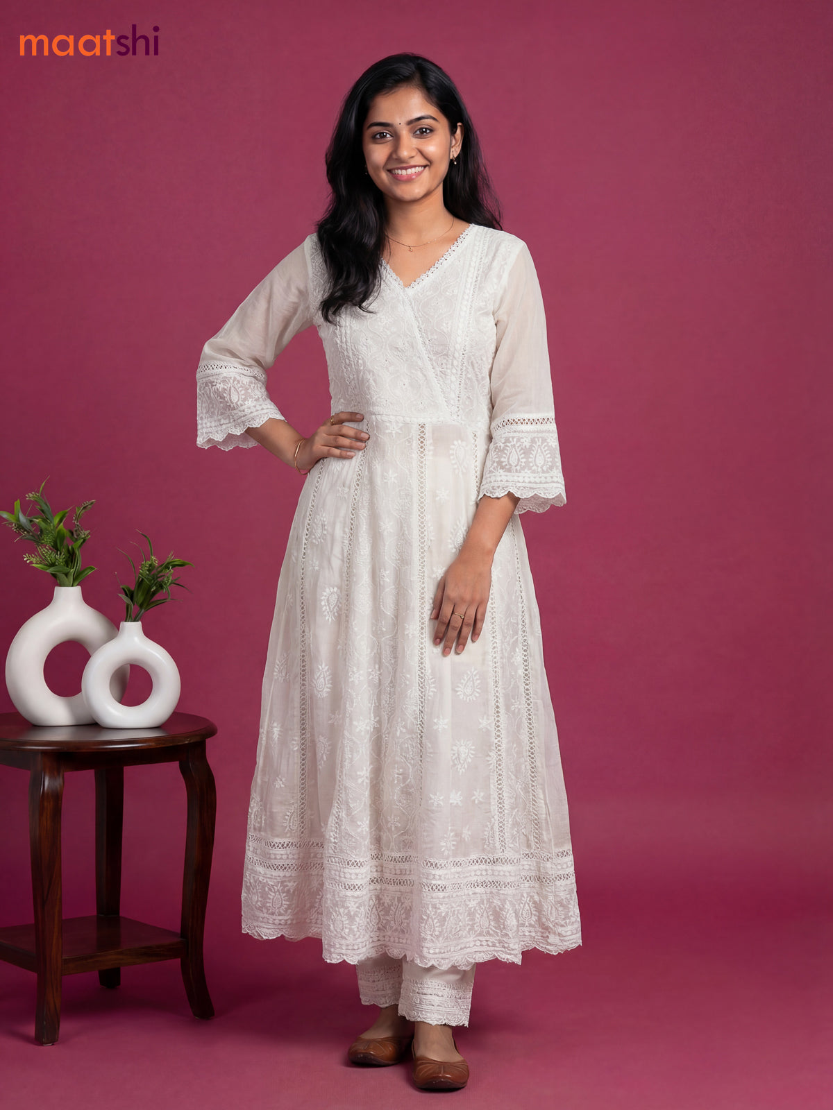 Off White Cotton Chickencurry Embroidery Work Anarkali Suit