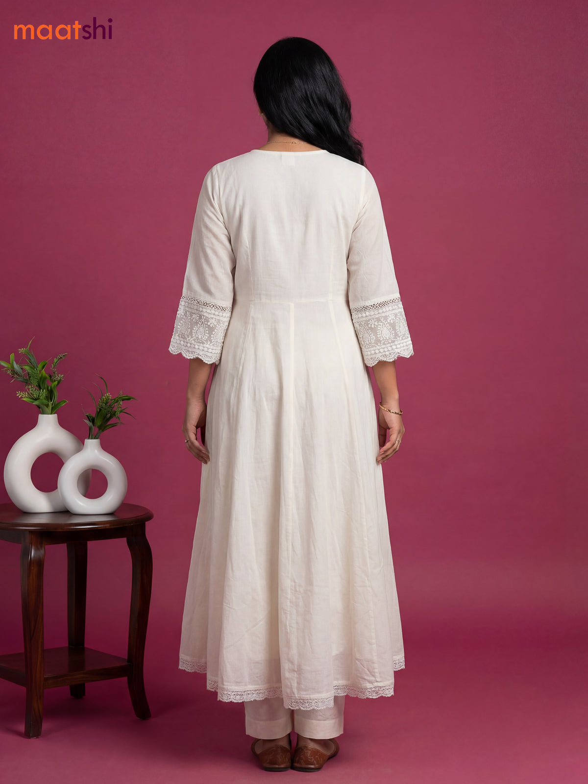 Off White Cotton Chickencurry Embroidery Work Anarkali Suit