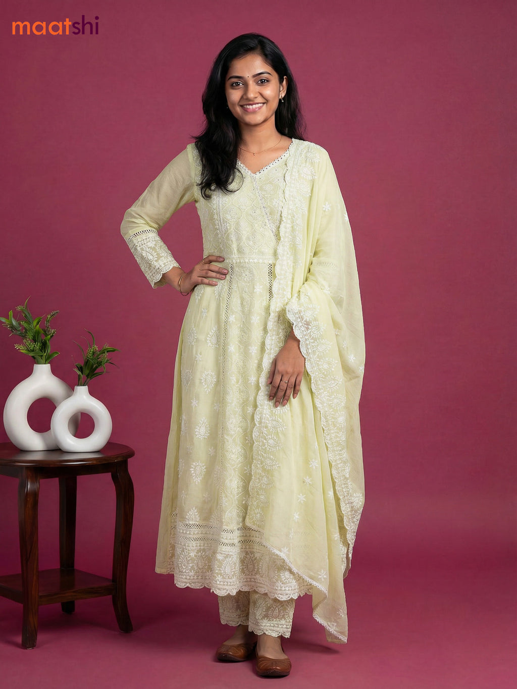 Mild Pista Green Cotton Chickencurry Embroidery Work Anarkali Suit