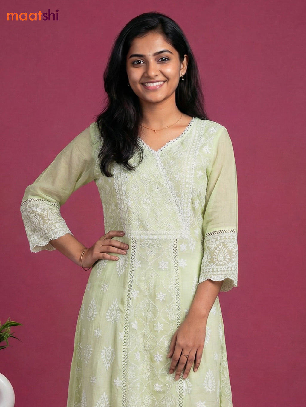 Mild Pista Green Cotton Chickencurry Embroidery Work Anarkali Suit