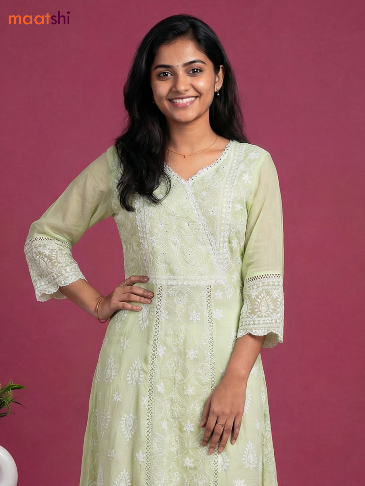 Mild Pista Green Cotton Chickencurry Embroidery Work Anarkali Suit