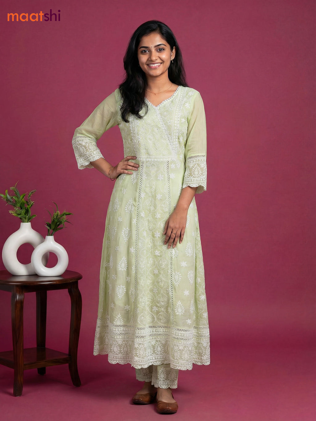 Mild Pista Green Cotton Chickencurry Embroidery Work Anarkali Suit