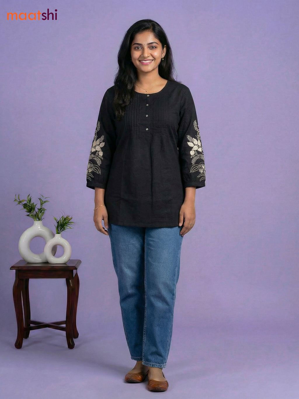 Black Cotton Embroidery Work Short Kurti
