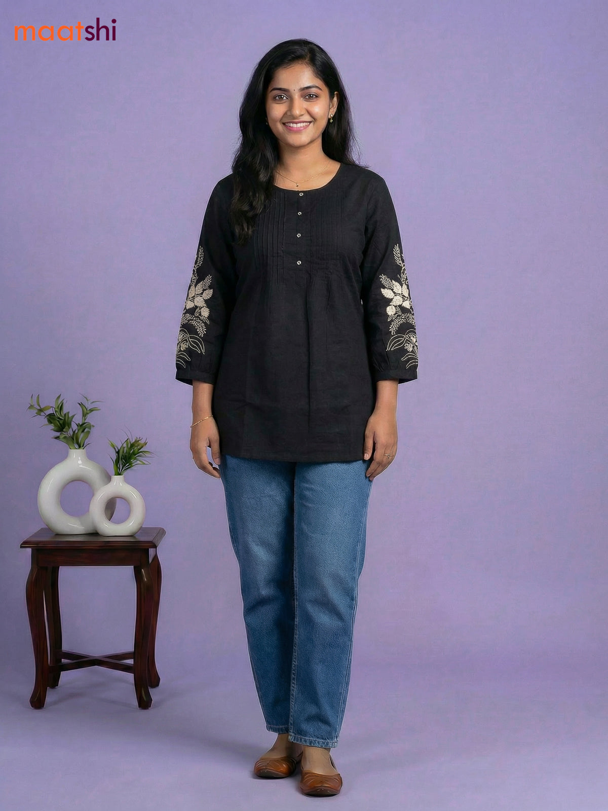 Black Cotton Embroidery Work Short Kurti