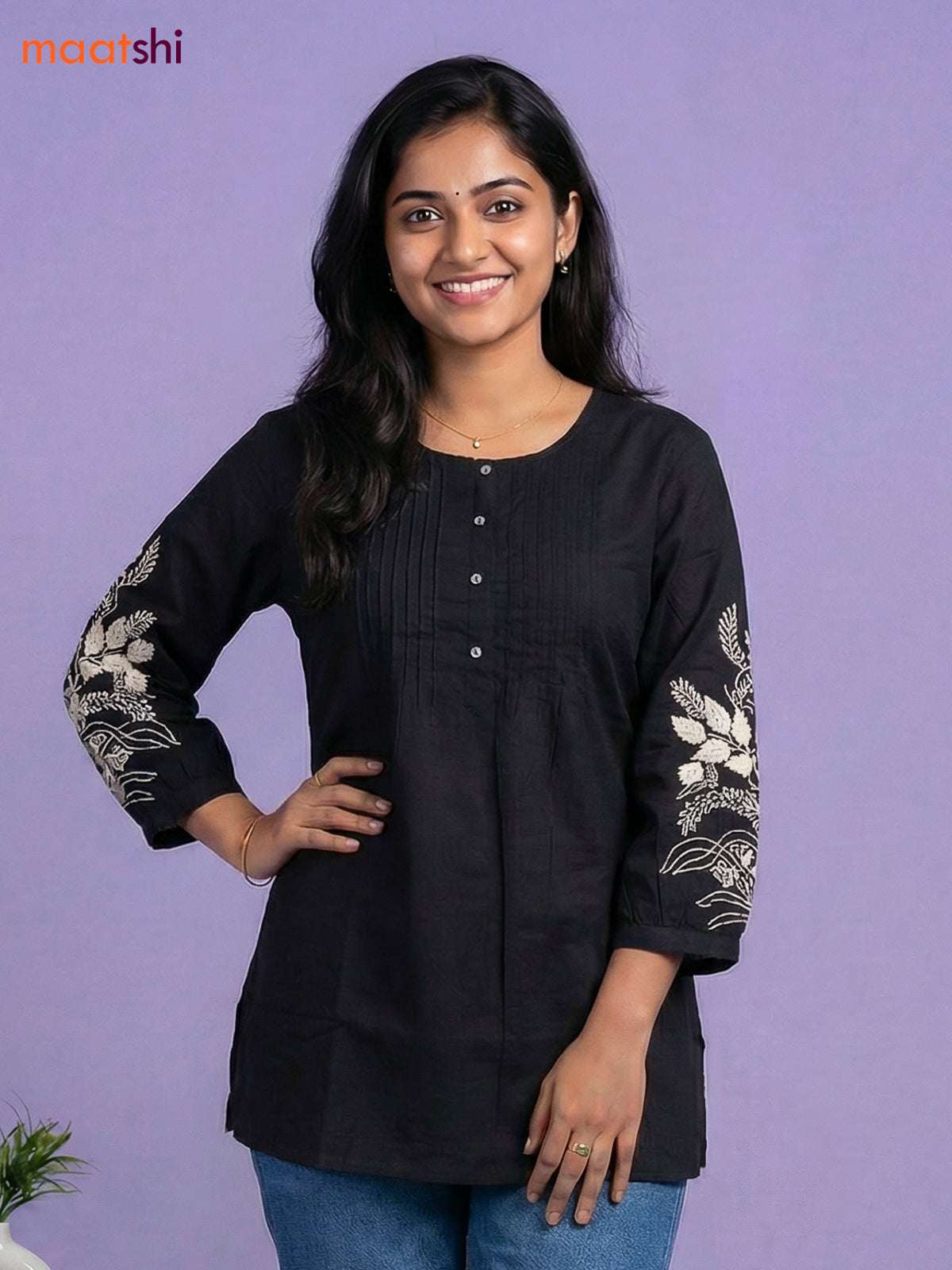 Black Cotton Embroidery Work Short Kurti