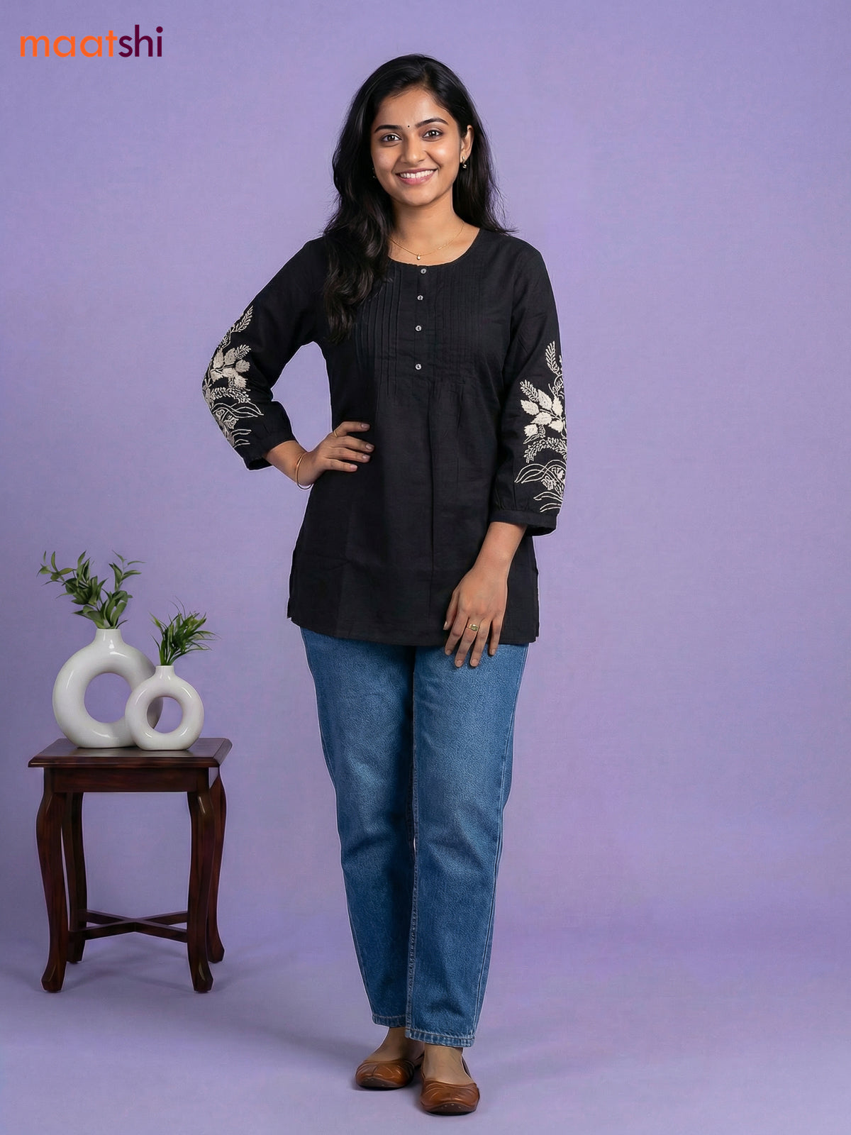 Black Cotton Embroidery Work Short Kurti