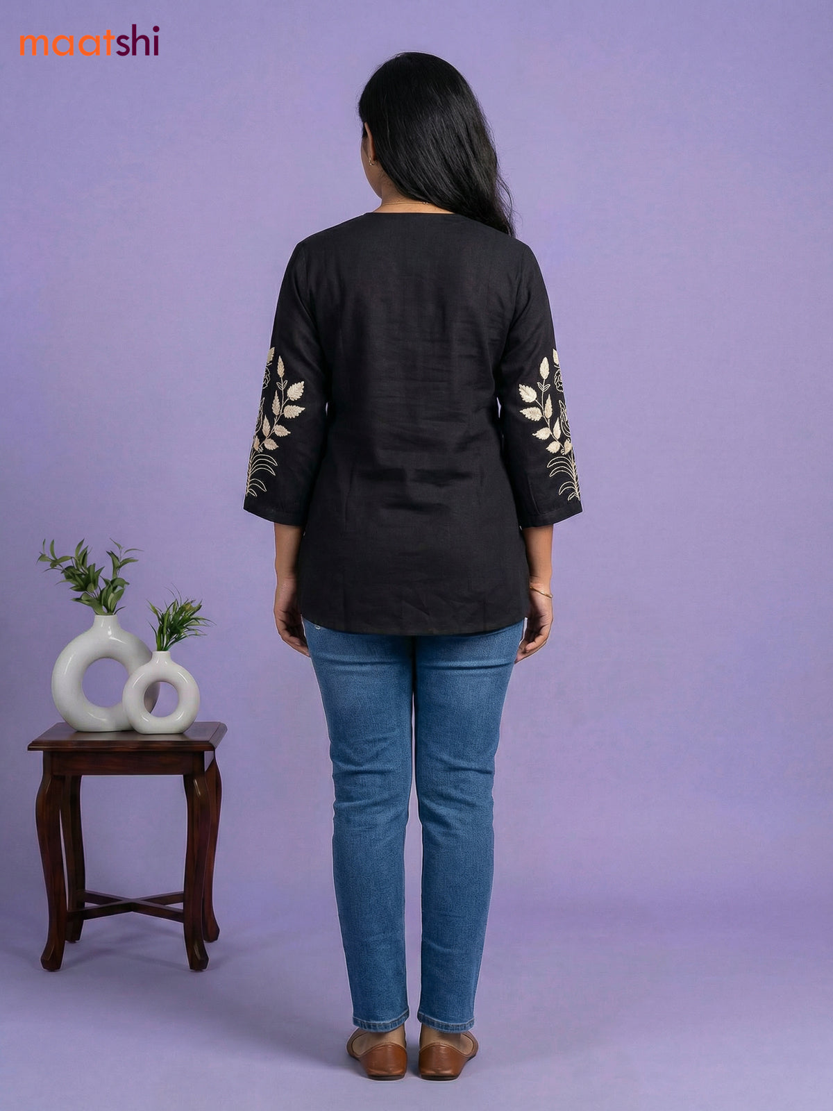 Black Cotton Embroidery Work Short Kurti