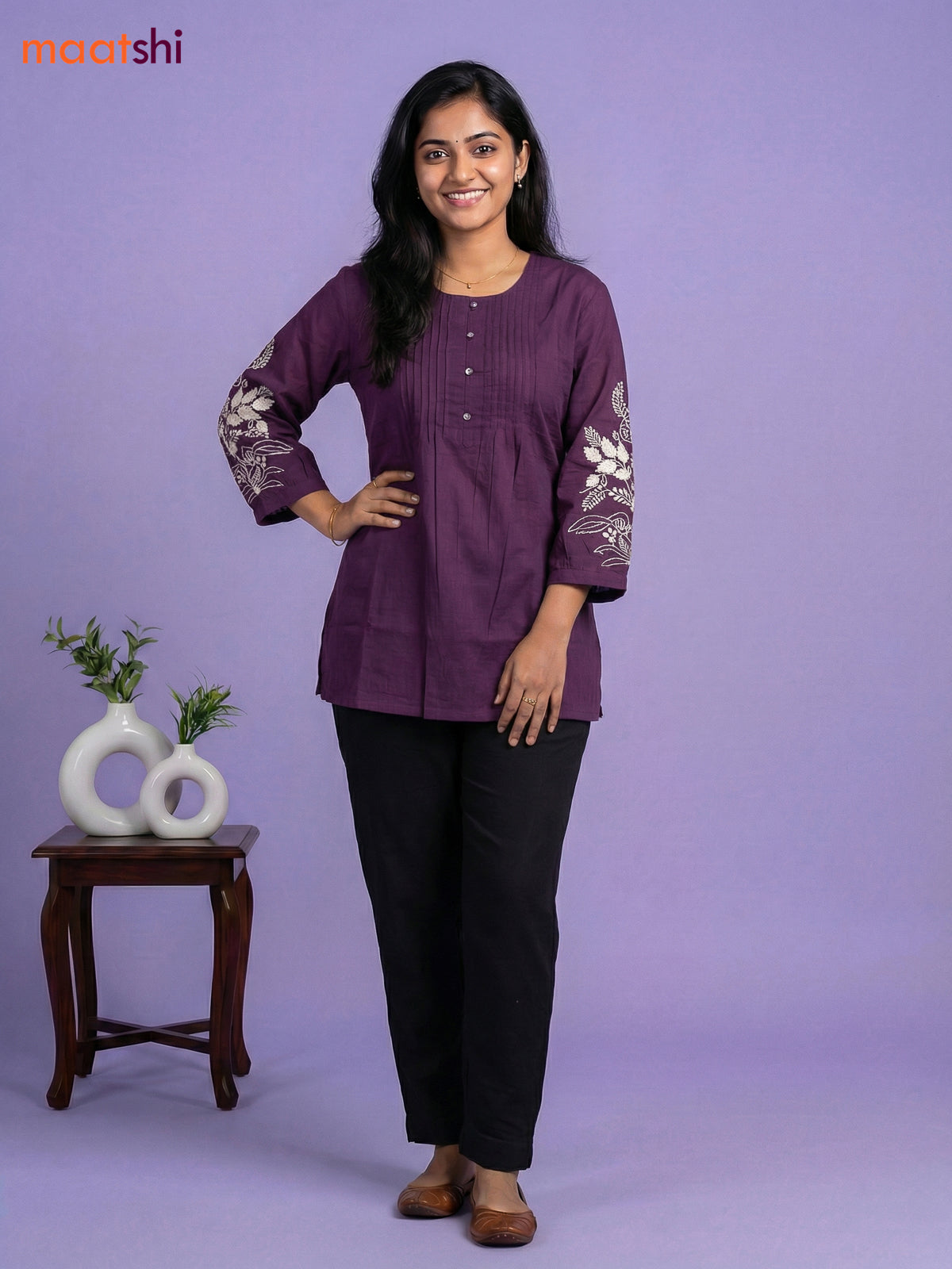 Deep Purple Cotton Embroidery Work Short Kurti