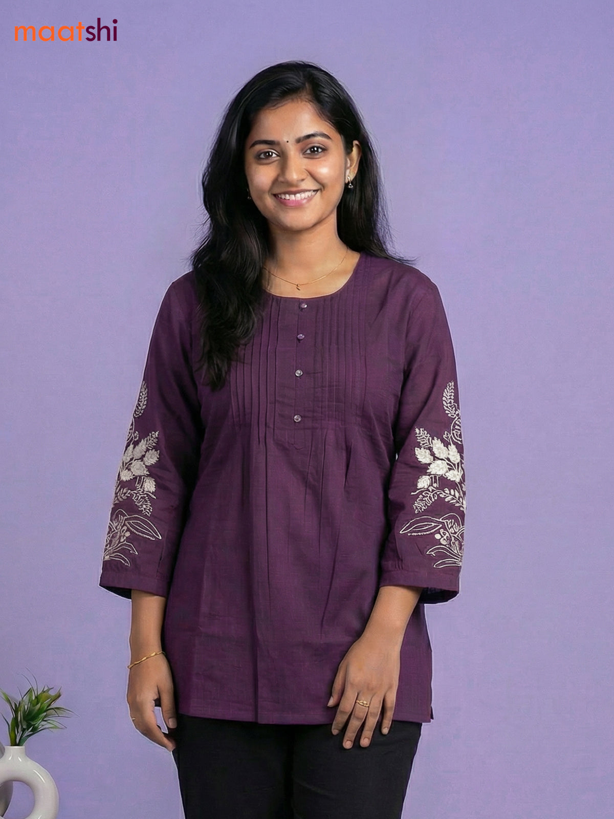Deep Purple Cotton Embroidery Work Short Kurti