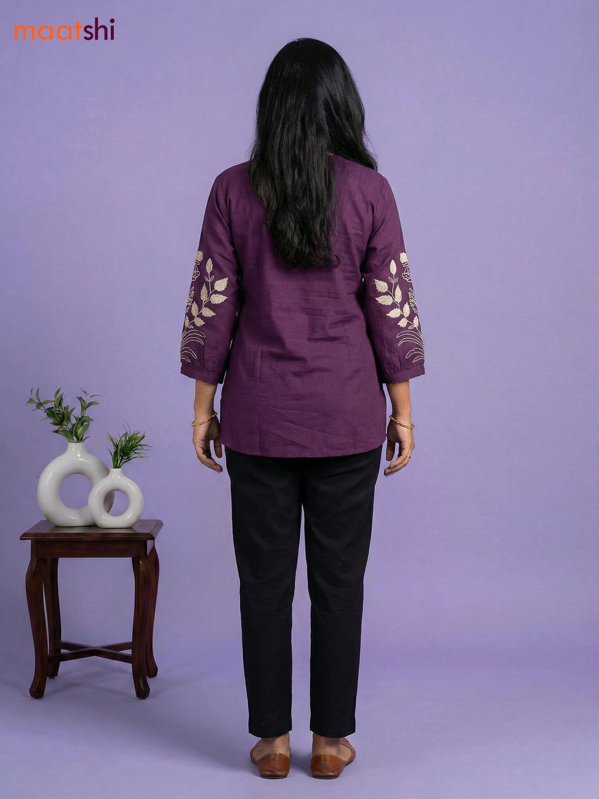 Deep Purple Cotton Embroidery Work Short Kurti