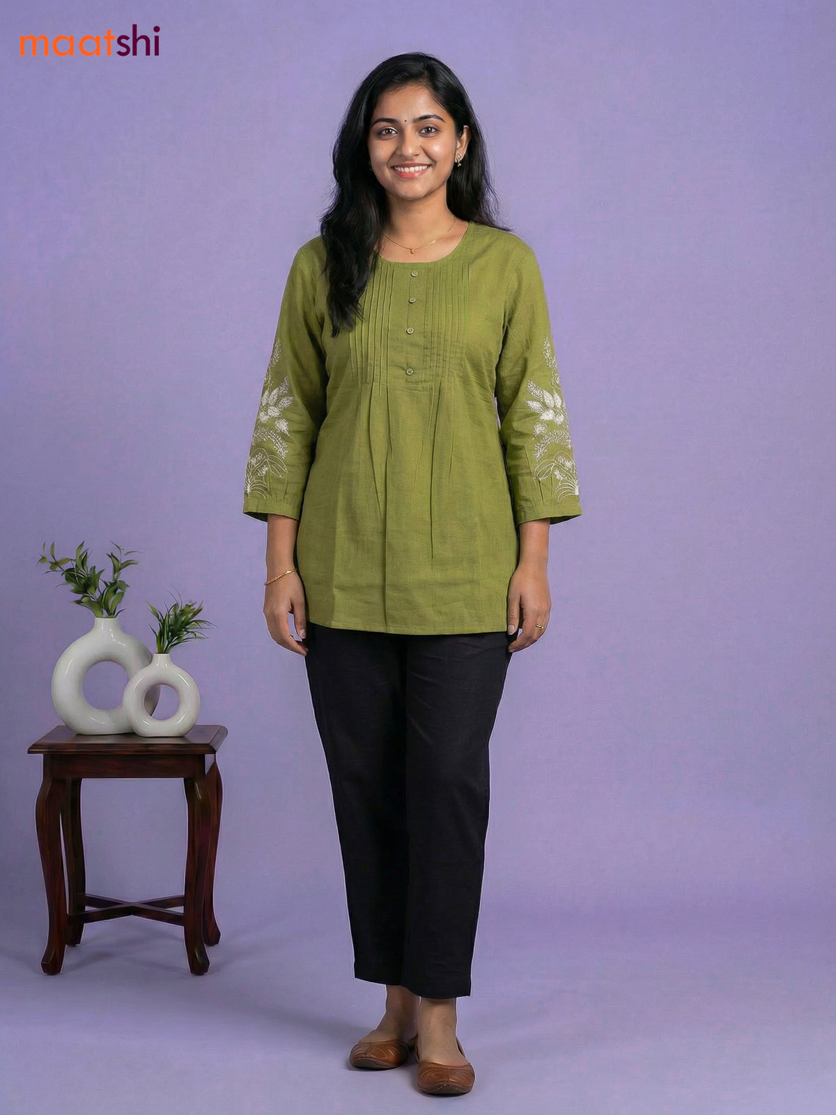 Green Cotton Embroidery Work Short Kurti